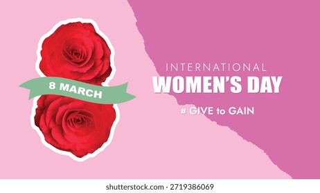 Día de la mujer 8 marzo Anuncio Horizontal con rosas, fondo de primavera, cubierta, tarjeta, Vector
