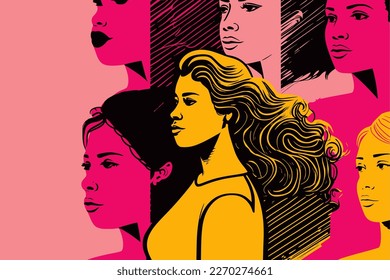 Woman's Day Banner vector, Woman history month, march, Empowering feminism, multiracial woman on a banner in different shades of pink yellow and orange