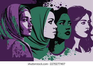 Woman's Day Banner vector, Woman history month, march, Empowering feminism, multiracial woman on a banner in different shades of purple and green