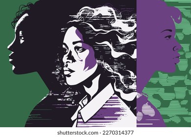 Vector del Día de la Mujer, mes de la historia de la mujer, marcha, Empoderamiento del feminismo, mujer multirracial en una pancarta de diferentes matices de morado y verde