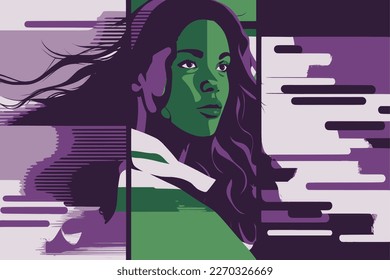 Woman's Day Banner vector, Woman history month, march, Empowering feminism, multiracial woman on a banner in different shades of purple and green