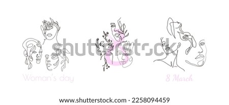 Woman's day celebrate. 8 march. Modern abstract line minimalistic women faces arts set. Different woman faces. One line art. Vector illustration concept Stockfoto © 