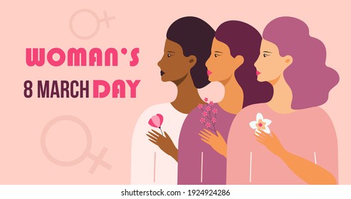 Woman's day concept vector on flat style. Event is celebrated in 8th March Girl power and feminism illustration for web. Diverse races society. Women's friendship, union of feminists or sisterhood. 