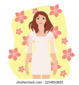 Woman's Day greeting card. Spring composition. Vector Greeting Card template. Cute girl, behind her spring flowers on a yellow background.