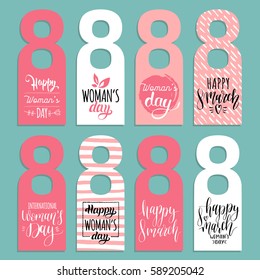 Woman's day hand lettering festive tags set. Happy 8 March graphic labels collection.Vector cards templates. 