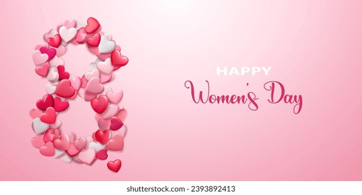 Woman's day illustration with many red and pink hearts and holiday inscription