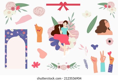 Woman's day object with flower,face,hair,hand.Editable vector illustration for website, sticker, tattoo,icon