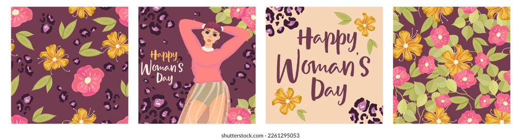 Womans day postcard templates with flower and leopard. Girl on greeting card with flower. Flat vector illustration. Seamless pattern flower. International Women's Day.