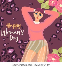 Womans day postcard templates with flower and leopard. Girl on greeting card with flower. Flat vector illustration. International Women's Day.
