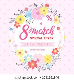 Woman`s Day promotion.Hand painted lettering with different flowers and floral elements.Sale season card perfect for flyers,posters,sale banners,brochures,special offers and more.Vector 8 march promo. - Shutterstock ID 1031181946