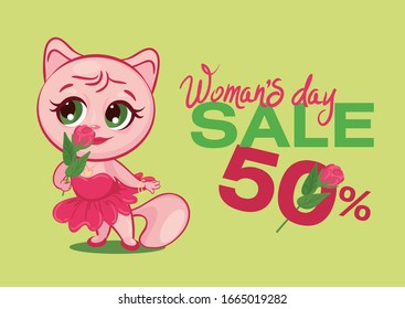 WOMAN'S DAY SALE FLAYER WITH PINK KITTY CHARACTER IN PINK DRESS SNIFFING ROSE