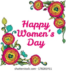 Womans day vector greeting card with roses flowers, leaves, insects in vivid colors