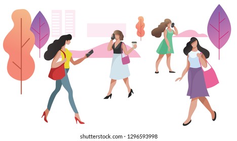 Womans in different poses in urban public park. City landscape. Talking phone, walking. Modern flat trendy design. Vector illustration.