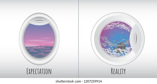 Woman's dreams: Expectation vs. Reality. View from airplane in one sight, washing mashine in other side. Vector image. Eps 10.