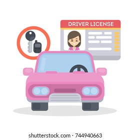 Woman's driver license. Id card and automobile.