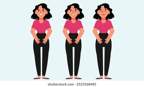 a woman's emotional progression through three stages, showcasing expressions of distress, neutrality, and happiness, with a consistent pose and outfit.