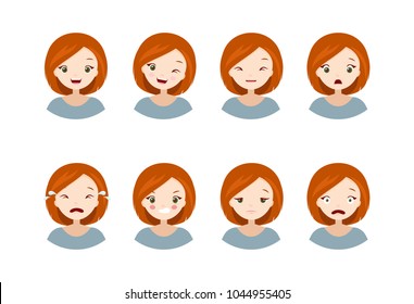 Woman's emotions - collection of a different emotions, happy, sad, angry, scared, crying, tired, cheerful, wink. Vector illustrations with cute cartoon girl