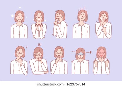 Womans emotions and facial expressions. Woman or girl shows anger, fear, grief, happiness, thinking, fury, admiration, sadness, disatisfaction emotion or facial expression. Simple flat vector.