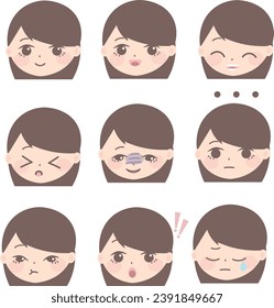 woman's expression emotion faces pack screenshot, in the style of japanese, light purple and dark beige, princesscore, stencils, tondo, unconventional poses, dark white and dark azure