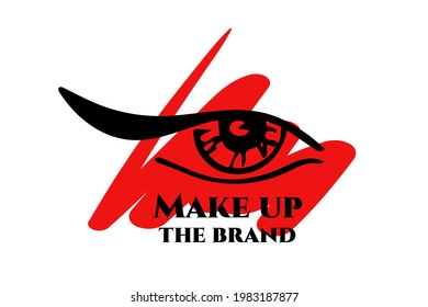 El ojo de una mujer con una flecha negra sobre un fondo rojo de formas borrosas. La marca maquillaje. Logo, nombre de la compañía. Ilustración vectorial.