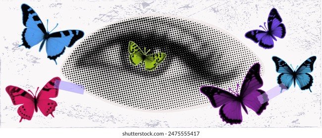 Woman's eye with butterflies, modern collage art. Visual distortion, hallucination, illusion. Multi-colored butterflies, a different view of beauty. Paper cutouts, halftone effect, grunge, vector.