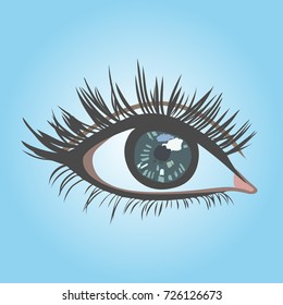 Woman's eye close up isolated on a blue gradient background.