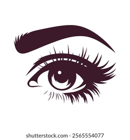 Woman's eye silhouette, eyelashes and eyebrow. Realistic eyes makeup look. Vector design logo for brow bar or lash salon. Illustration isolated on white. Idea for business visit card, typography.