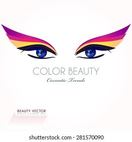 Woman's eyes with colorful shadows vector illustration. Business sign template for Beauty Industry, Cosmetic product package labeling, Beauty Salon, Spa, Boutique, Cosmetic procedures. Sample text 