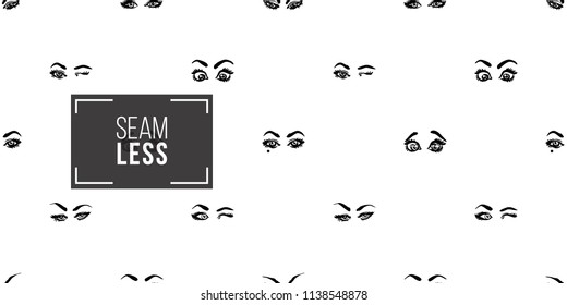 Woman's Eyes Face Expressions: Wink, Shine Eyes, Surprised, Gaze, Angry Sight, Smirk. Fashion Seamless Pattern. Hand Drawn Vector Art On White Background.