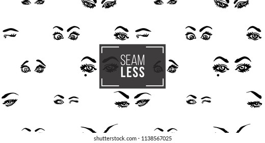 Woman's Eyes Face Expressions: Wink, Shine Eyes, Surprised, Gaze, Angry Sight, Smirk. Fashion Seamless Pattern. Hand Drawn Vector Art On White Background.