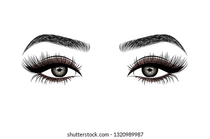 Woman's eyes with perfectly shaped eyebrows and full lashes. Eyes luxurious with long eyelashes and make up. For beauty salon, lash extensions maker - Vector