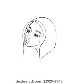 Das Gesicht der Frau. Abstraktes Porträt, kontinuierliche Zeilenzeichnung, einzelne Linie auf weißem Hintergrund, einzelne Vektorgrafik. Tattoo, Print und Logo Design für ein Spa oder Schönheitssalon.