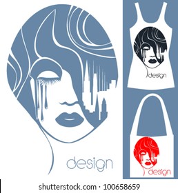 Woman's face, abstract prints on clothes