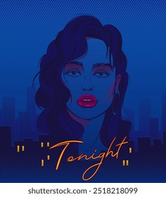 Woman's face against the background of a night city. Young woman with a lush hairstyle and makeup. Hand drawn, pop art background, comic books poster. High contrast background with bubbles.