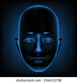 A woman's face with a bald head. Glowing in blue. X-ray. Template for anatomy.