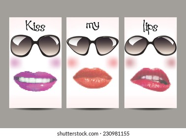 woman's face banners with halftone realistic lips and sunglasses