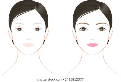 woman's face. A bare face and a face with makeup. vector illustration