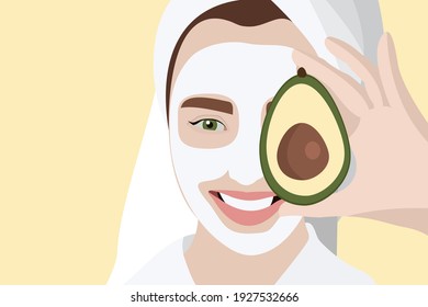 Woman's face with beauty cosmetic mask. Woman in a cosmetic mask. Modern hand drawn vector illustration of female character applying clay face masks. Product concept for beauty and skin care. Natural 
