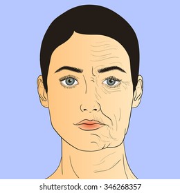 Woman's face before and after aging. The same person in her youth and old age. Vector Illustration.