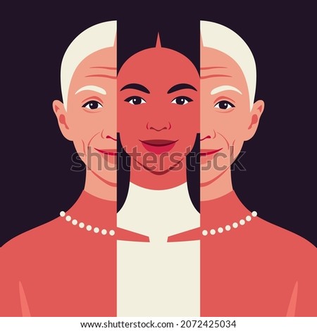 Woman's face before and after rejuvenation and plastic surgery. Anti-aging and beauty treatment. Portrait of beautiful elderly woman. Process of ageing. Comparison. Dermatology. Vector flat illustrati