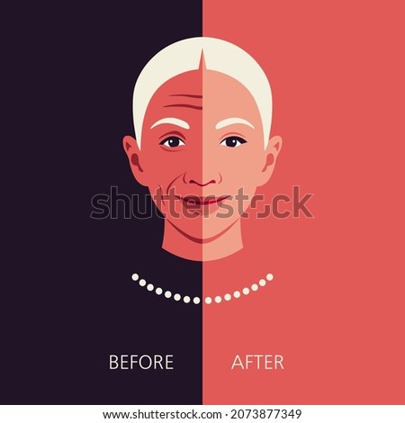 Woman's face before and after rejuvenation and plastic surgery. Anti-aging and beauty treatment. Portrait of beautiful elderly woman. Process of ageing. Comparison. Dermatology. Vector flat illustrati
