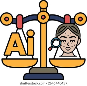A woman's face is being weighed against the word AI. The scale is tilted towards the word AI, suggesting that it is more important or has more weight than the woman's face