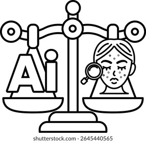 A woman's face is being weighed against the word AI. The scale is tilted towards the word AI, suggesting that it is more important or has more weight than the woman's face
