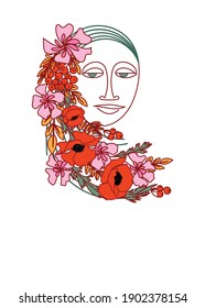 A woman's face, berries, leaves and flowers in an avant-garde style. Vertical image. The background is white. There is room for text. Vector illustration.