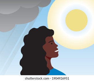 Woman's face, bipolar disorder. Flat vector stock illustration. Mood swap concept, bipolar. Woman in mania, depression. Rainy turns into sunny. Mood disorder. Illustration with bipolar