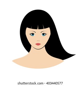 Woman's face with black hair and blue eyes. Isolated vector illustration on white background.