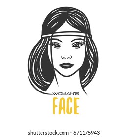 Woman's face. Black and white vector object.