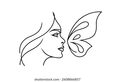 Womans Face And Butterfly Wing Minimalistic Outline Illustration Vector Design