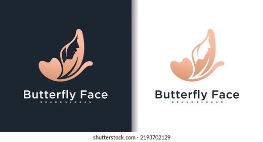 La cara de la mujer en forma de alas de mariposa. concepto de diseño de logotipo abstracto para el salón de belleza Premium Vektor