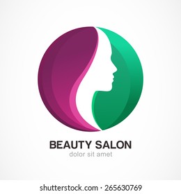 Woman's face in circle shape. Profile of the beautiful girl, vector logo design template. Abstract design concept for beauty salon, massage, cosmetic and spa. 